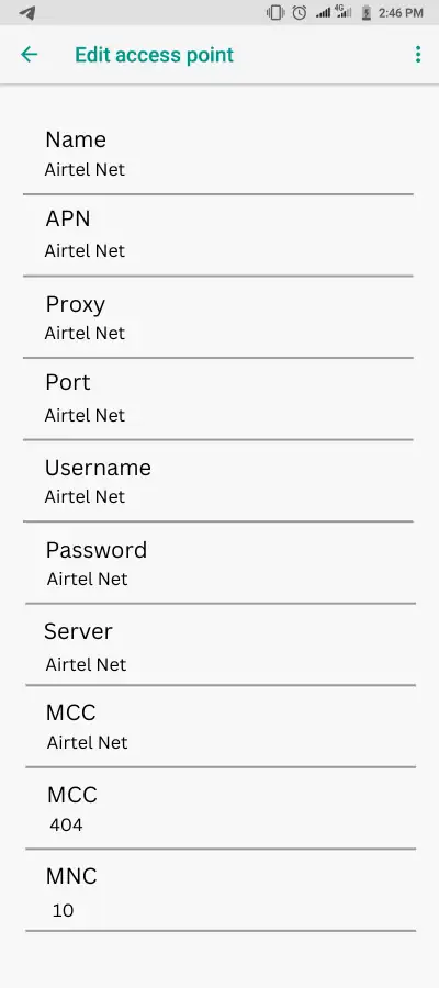 Airtel APN Settings Screenshot