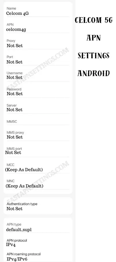 Celcom APN Settings 5G for Android
