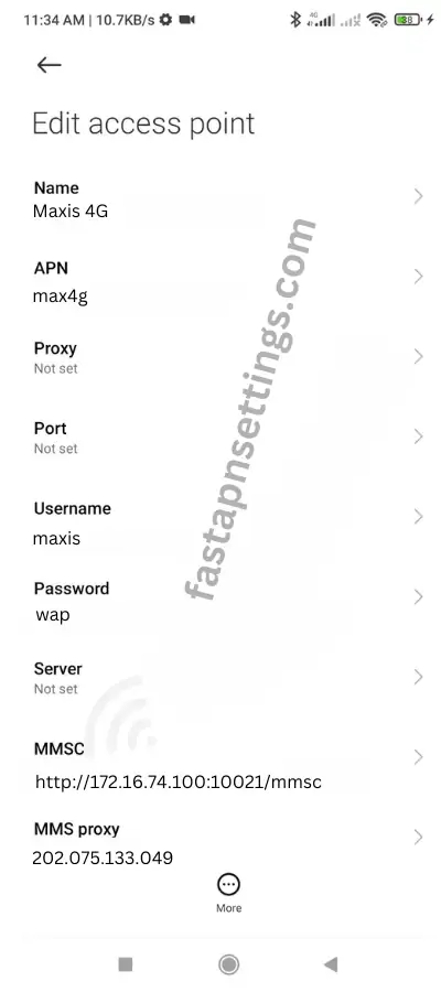 Maxis APN settings screenshot