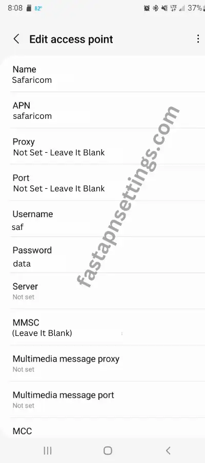 Safaricom Internet Settings Screenshot