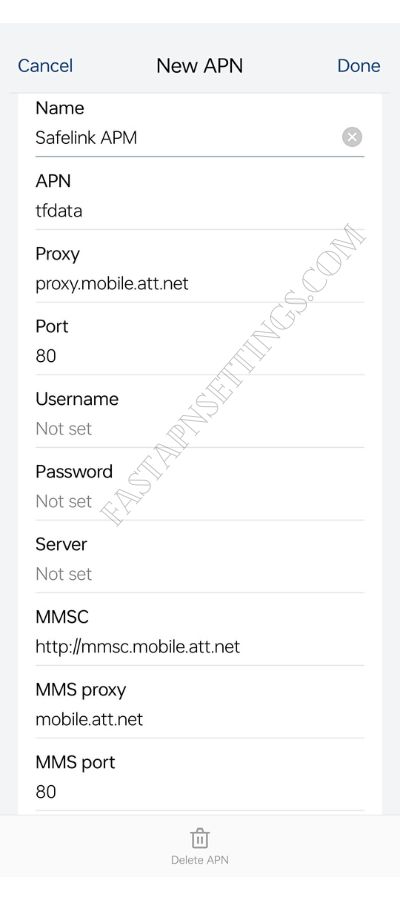 Safelink internet settings for Android devices